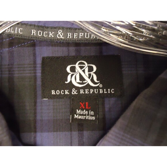 Rock & Republic Button Down Shirt Mens Size XL Blue/Black Long Sleeve Plaid - Picture 5 of 10